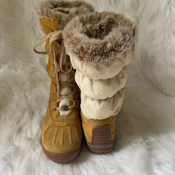Timberland wheat leather suede &beige nylon lace up Mid calf boots  SZ8.5M - Picture 7 of 9
